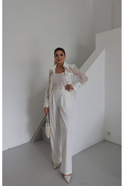 1Moda1Tarz Women's Imported Fabric Inner Blouse Top Lace Accessory Jacket Bottom Button Detail Pants Lined Design Suit