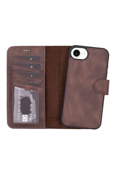 Bouletta iPhone 16e Cüzdanlı Çıkarılabilir Deri Kılıf - Koyu Kahverengi