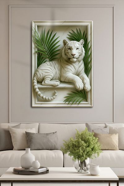 DekorHane 3D Relief Metal Printing, Decorative Tiger Tiger Painting, Marble Look, Home Office Decoration