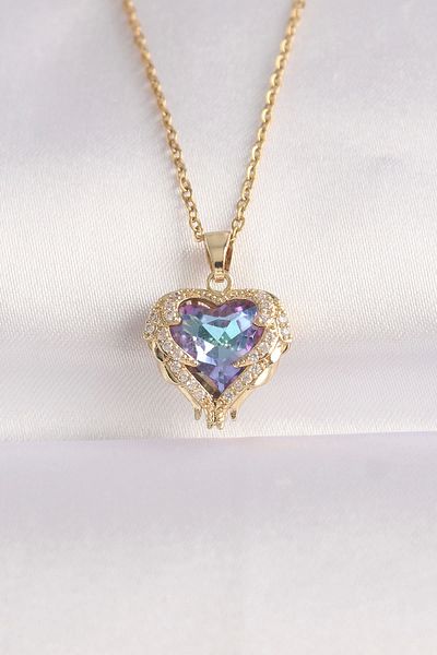 Clariss 316L Steel Chain Gold Color Zircon Stone Blue Purple Colorful Heart Figure Necklace