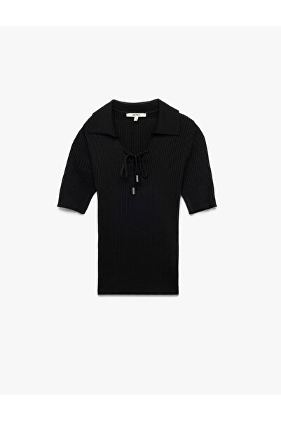 Koton Önden Bağlama Detaylı Kısa Kollu Polo Yaka Triko Kazak