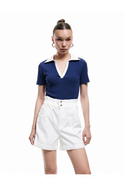 Koton High Waist Shorts Buttoned Elastic Waist Pocket Layered Leg Comfortable Fit