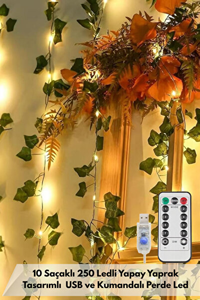 TechnoSmart 2.5x2.5m LED Perde Işık – 250 LED 10 Saçak Yapay Sarmaşık Desenli USB Kumandalı Dekoratif Aydınlatma