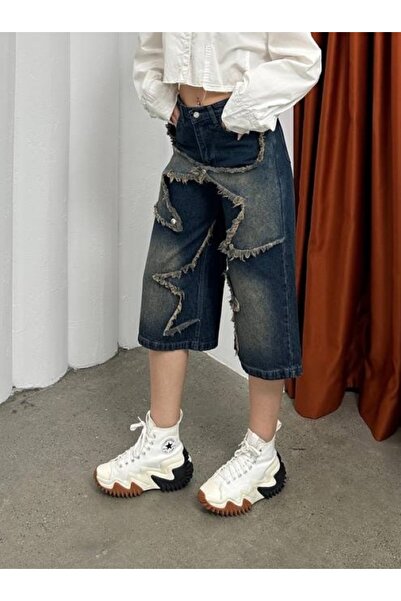 KOTOLOG Büyük Yıldızlı Unisex Y2K Baggy Kapri Şort Jean