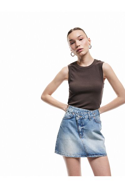Koton Cotton Asymmetrical Buttoned Pocket Denim Mini Skirt