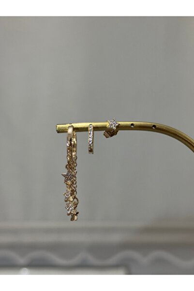 XUPING JEWELRY 18K yıldız detaylı 3’lü çelik küpe seti paslanmaz kararmaz