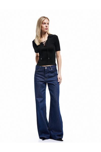 Koton Short Sleeve Polo Neck Knitwear Sweater with Front Tie Detail