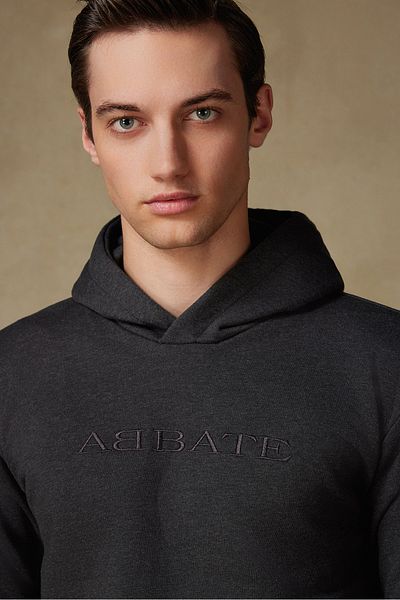 Abbate Special Design Embroidery Detailed Cotton Relaxed Cut Anthracite Hooded Oversize Sweatshirt Hoodie