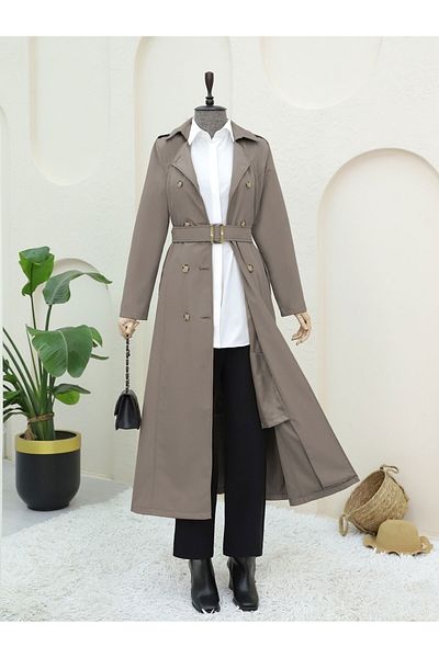 Modamorfo Double Button Belted Trench Coat - Stone