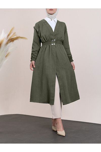 Modamorfo Linen Cap with Elasticized Sleeves and Waist - Khaki