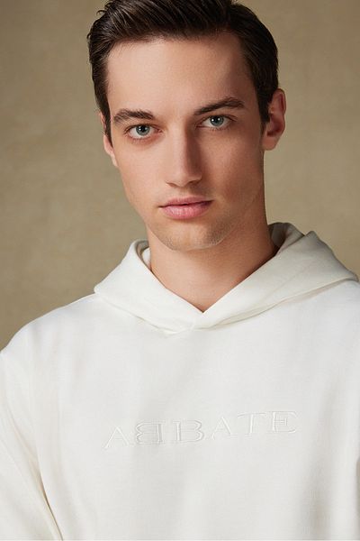 Abbate Special Design Embroidery Detailed Cotton Relaxed Cut White Hooded Oversize Sweatshirt Hoodie