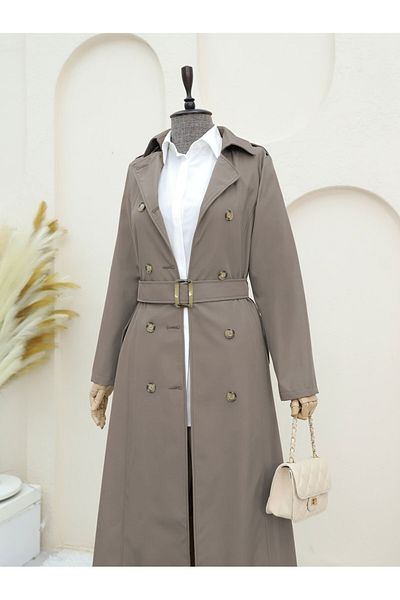 Modamorfo Double Button Belted Trench Coat - Stone