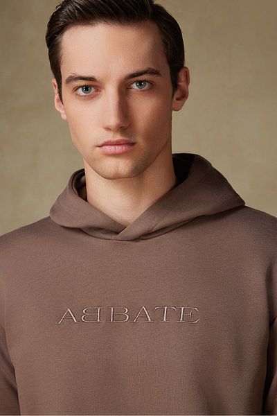 Abbate Special Design Embroidery Detailed Cotton Relaxed Cut Brown Hooded Oversize Sweatshirt Hoodie