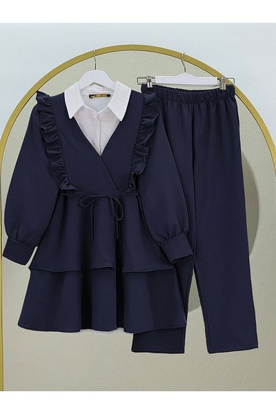 Modamorfo Ruffled Lace-Up Skirt with Front and Tiered Pants Kimono Set - Navy
