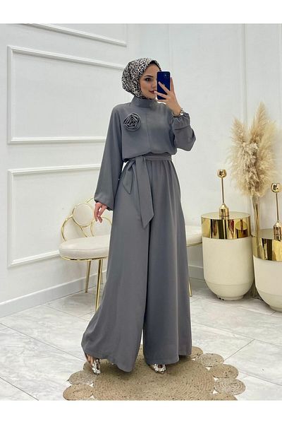 Modamorfo Stand Collar Belted Rose Jumpsuit - Gray