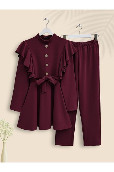 Modamorfo Button Detailed Ruffled Shoulder Suit - Burgundy