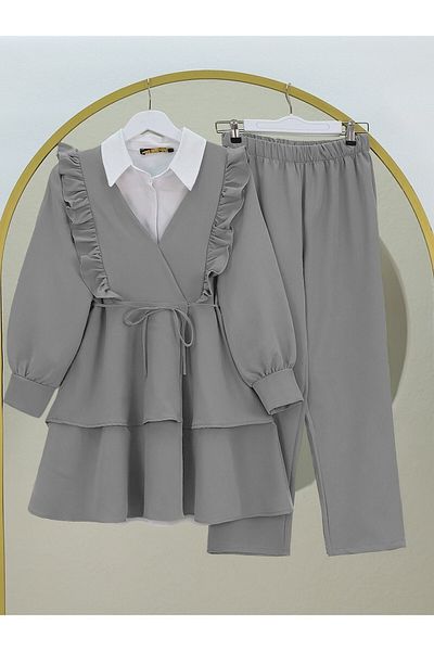 Modamorfo Ruffled Lace-Up Skirt and Tiered Pants Kimono Set - Gray