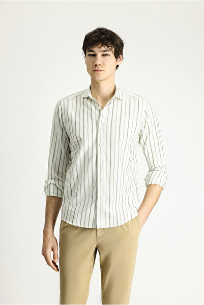 Kiğılı Uzun Kol Slim Fit Dar Kesim Çizgili Spor Keten Karışımlı Pamuklu Gömlek