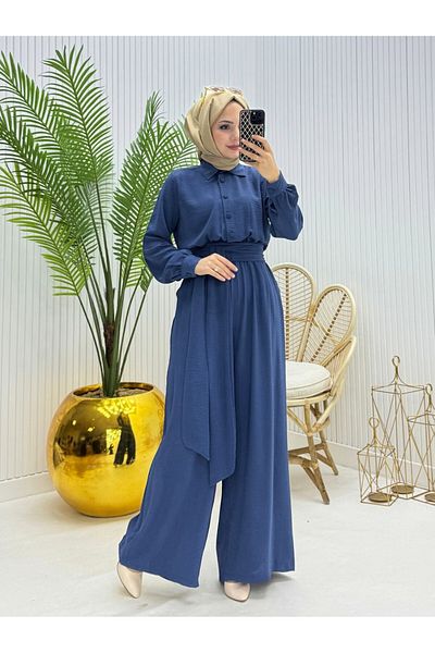 Modamorfo Half Button Belted Elastic Waist Jumpsuit -Indigo