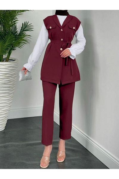 Modamorfo Zero Sleeve Front Buttoned Triple Suit with Belt - Burgundy
