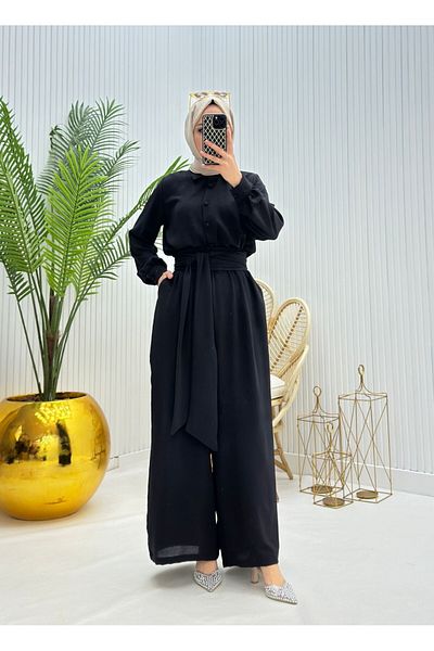Modamorfo Half Button Belted Elastic Waist Jumpsuit -Black