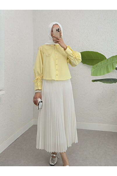 Modamorfo Organza Collar Sleeve Lacing Detailed Shirt -Yellow