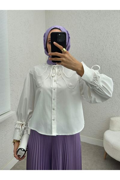 Modamorfo Πουκάμισο με λαιμόκοψη Organza με λεπτομέρεια με δέσιμο - Λευκό