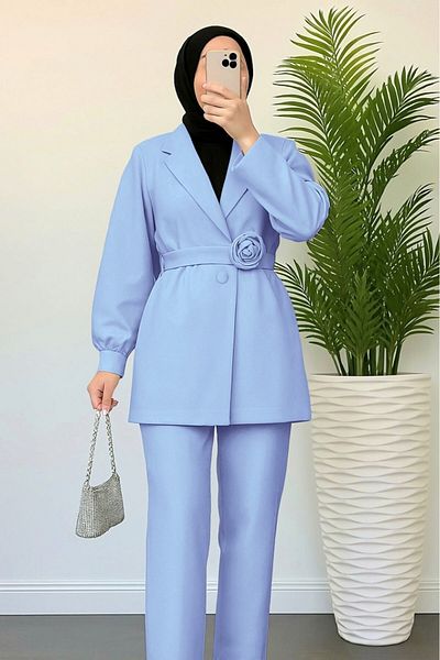 Modamorfo Belt Rose Detailed Double Breasted Collar Jacket Trousers Set - Baby Blue