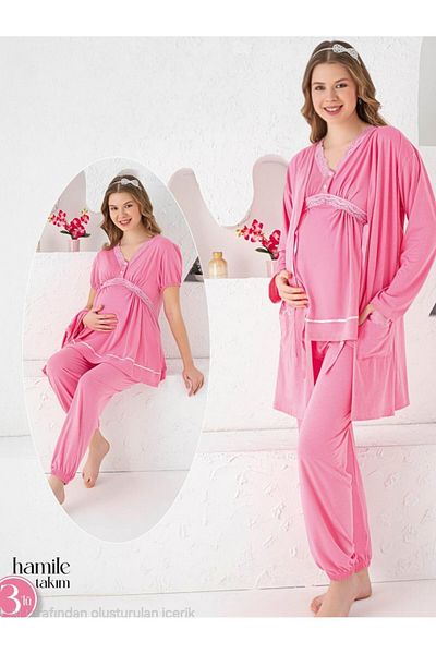Modamorfo V-Neck Triple Maternity Pajama Set with Elastic Legs - Pink