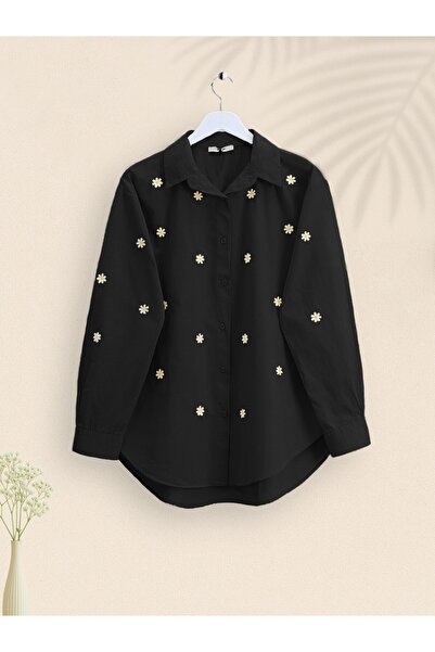 Modamorfo Сорочка з вишивкою маргаритки, довга спинка - чорна