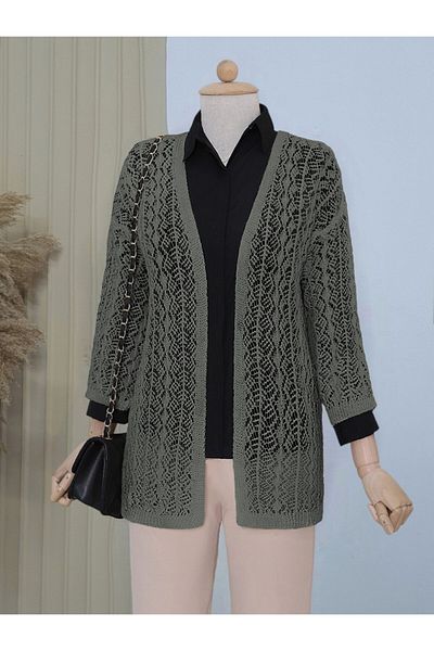 Modamorfo Half Sleeve Openwork Short Cardigan - Khaki