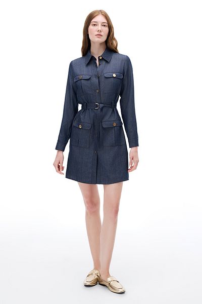 Perspective Latibule Regular Fit Above Knee Length Sleeve Shirt Collar Indigo Color Dress