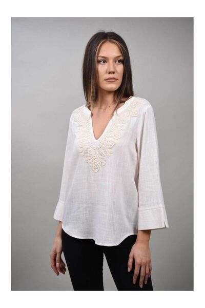 Y TWO WOMEN KALEIDARE V-NECK TUNIC BLOUSE White S-M