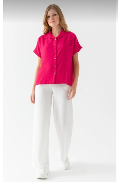 MODA Yaz rengi cıvıl cıvıl fuşya renk Kol katlamalı krep dokulu kısa kol gömlek