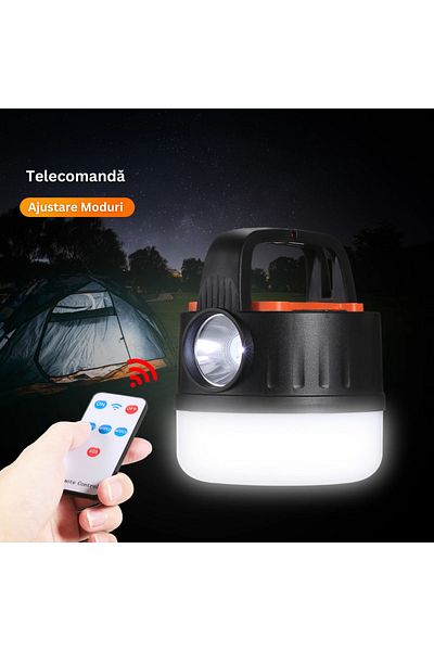 Velixo Portable Led Flashlight Solar Charged, Remote Control, External Battery, 360° Light, Hook, Handle