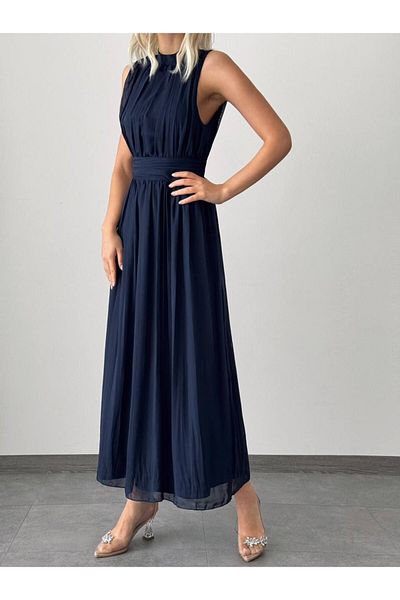 NDN STORE Women's Chiffon Fabric Stand Collar Back Low-Cut Design Sleeveless Maxi Evening Dress