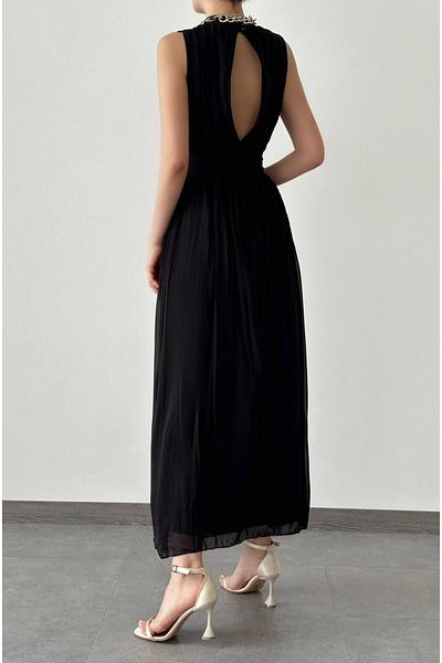 NDN STORE Women's Chiffon Fabric Stand Collar Back Low-Cut Design Sleeveless Maxi Evening Dress