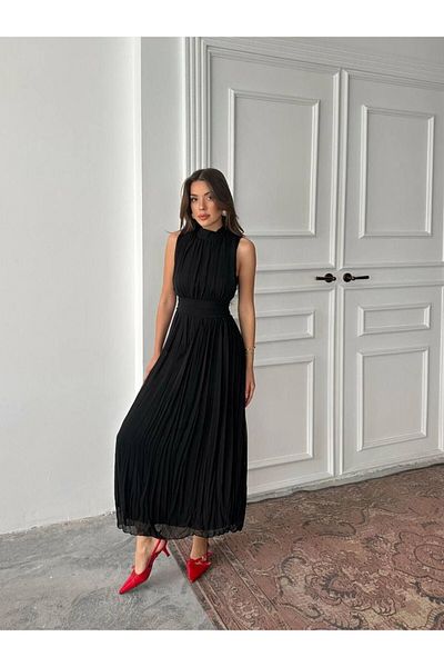 NDN STORE Women's Chiffon Fabric Stand Collar Back Low-Cut Design Sleeveless Maxi Evening Dress