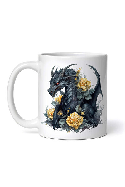 OEM Cană albă personalizată, Dragon cu trandafiri galbeni, INOVATIX®. 330ml