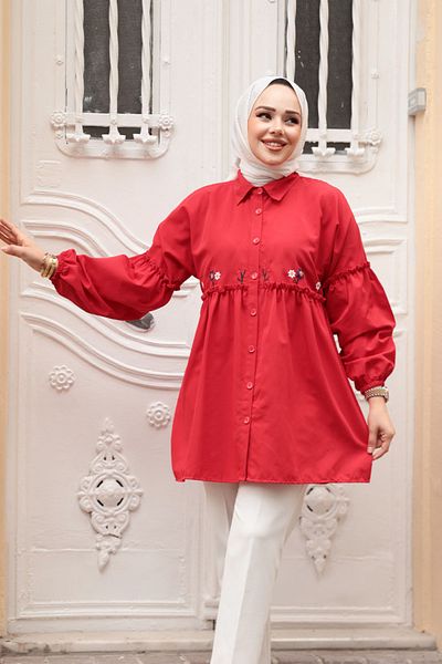 N.S NEVA STYLE Embroidery Patterned Red Hijab Tunic 40603K