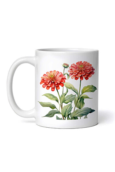 OEM Cană albă personalizată, Două flori de zinnia cu boboc, INOVATIX®. 330ml