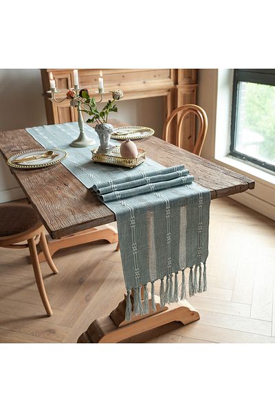 MARYALEX Tablecloth, Cross, 220x33 Cm, Cotton, Natural Jute Yarn, With Handmade Tassels
