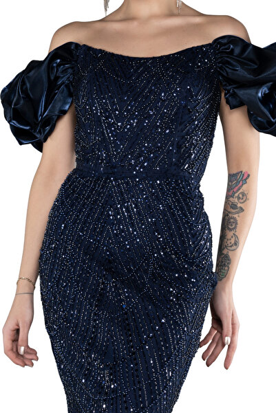 Arden Long Fish Evening Dress, Sequined with Sequins, Strapless, Moon Sleeve Wedding, Graduation Dress, Black, Gold, Burgundy, 44-48