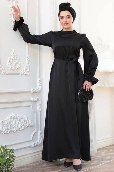 N.S NEVA STYLE Σατέν Μαύρο Φόρεμα Hijab 62132S