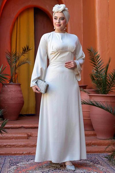 N.S NEVA STYLE Βραδινό φόρεμα Satin Cream Hijab 61592KR