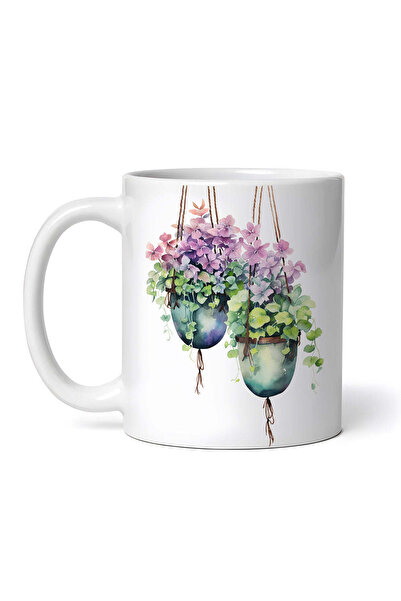 OEM Cană albă personalizată, Două ghivece suspendate cu flori mov și roz, INO...