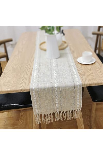 MARYALEX Fata de masa, traversa, 220x33 cm, din bumbac, fire de Iuta naturala, cu ciucuri lucrati manual