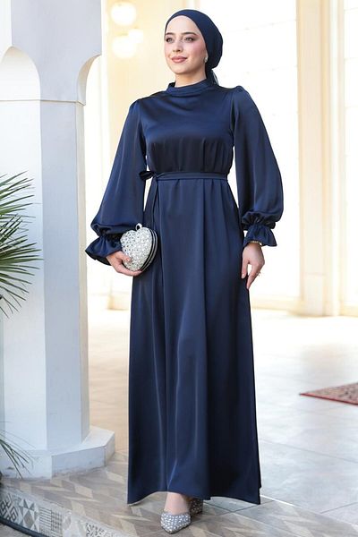 N.S NEVA STYLE Σατέν Μπλε Ναυτικό Φόρεμα Hijab 62132L