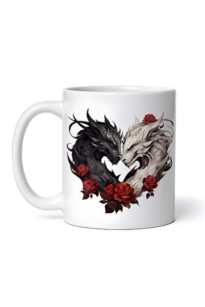 OEM Cană albă personalizată, Dragons in Love Red Roses, INOVATIX®. 330ml