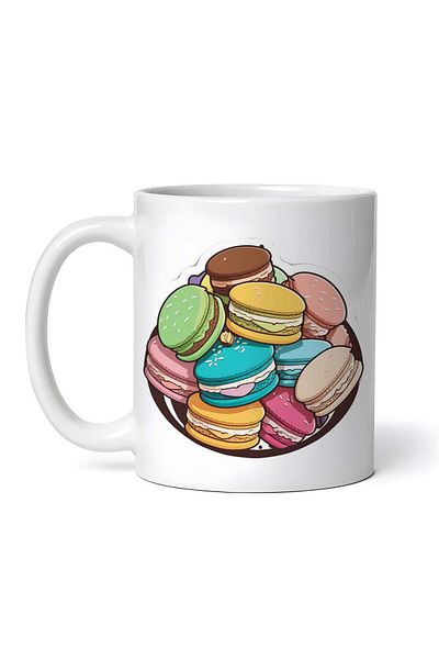OEM Cană albă personalizată, Farfurie cu macarons multicolori, INOVATIX®. 330ml